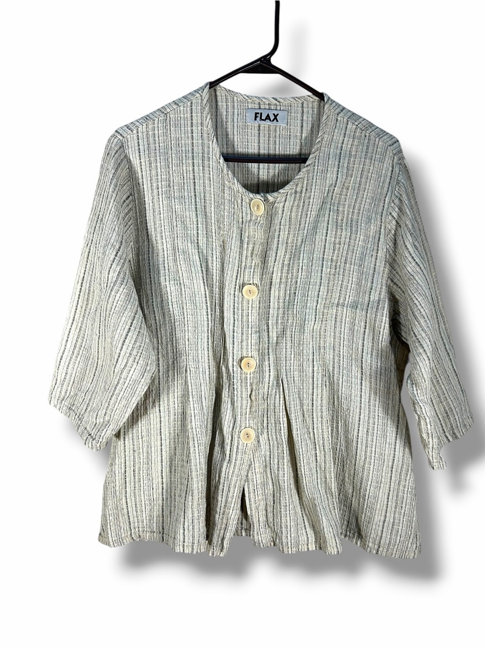 Women’s Flax Linen Cream Striped Button Front Blouse